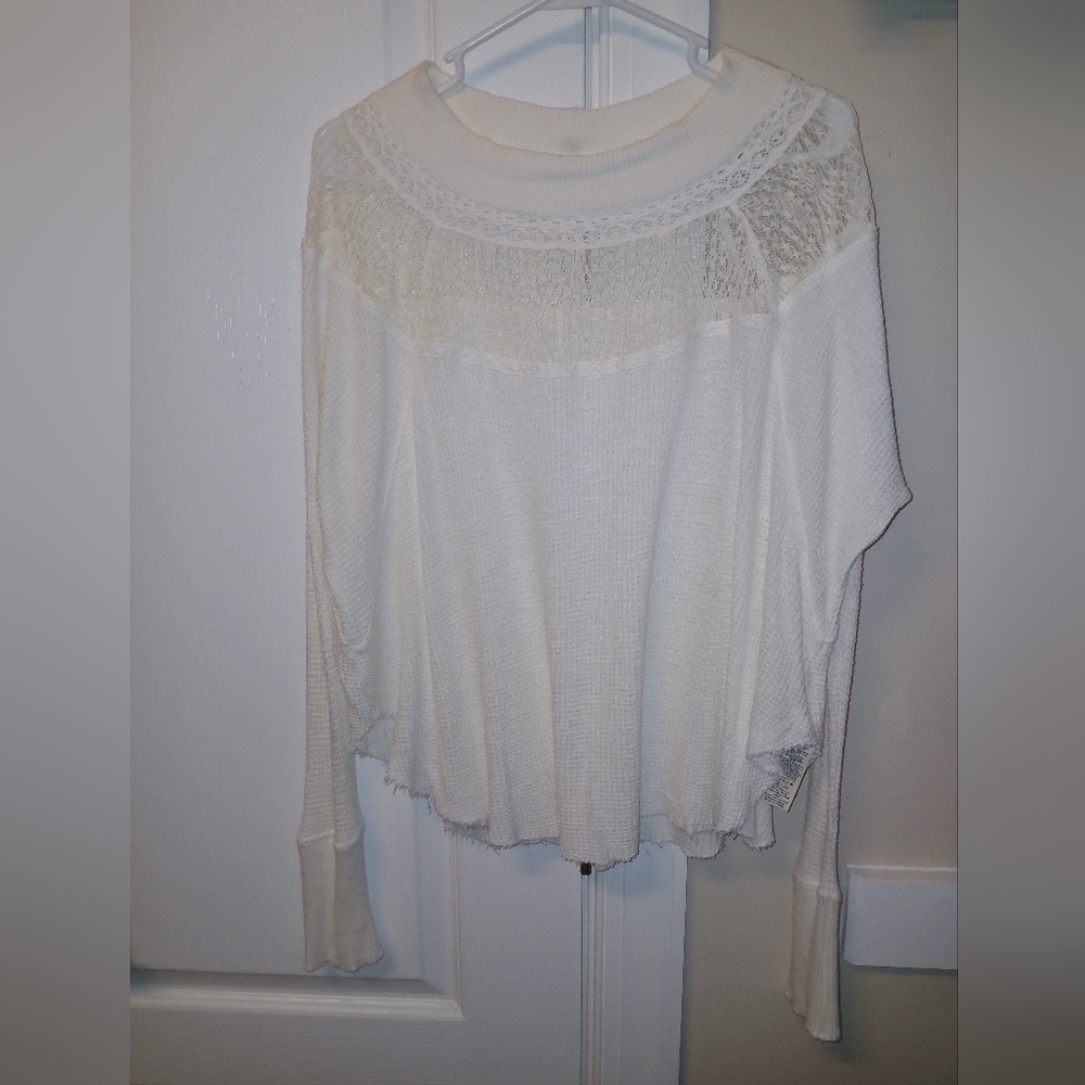 Free People Ivory Waffle Weave Traveling Crochet Lace Neck Sweater Sz XS